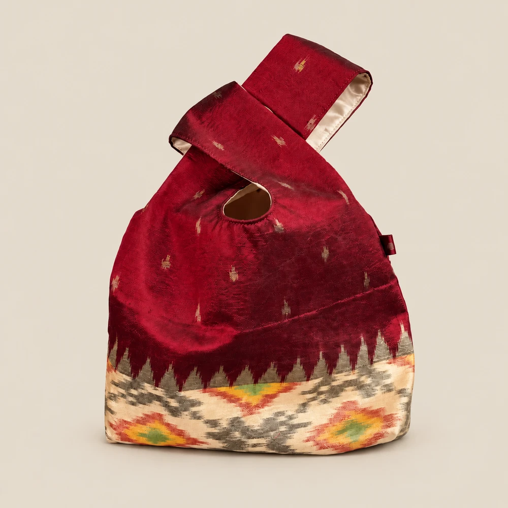 Maroon Ikat Mina silk knot bag